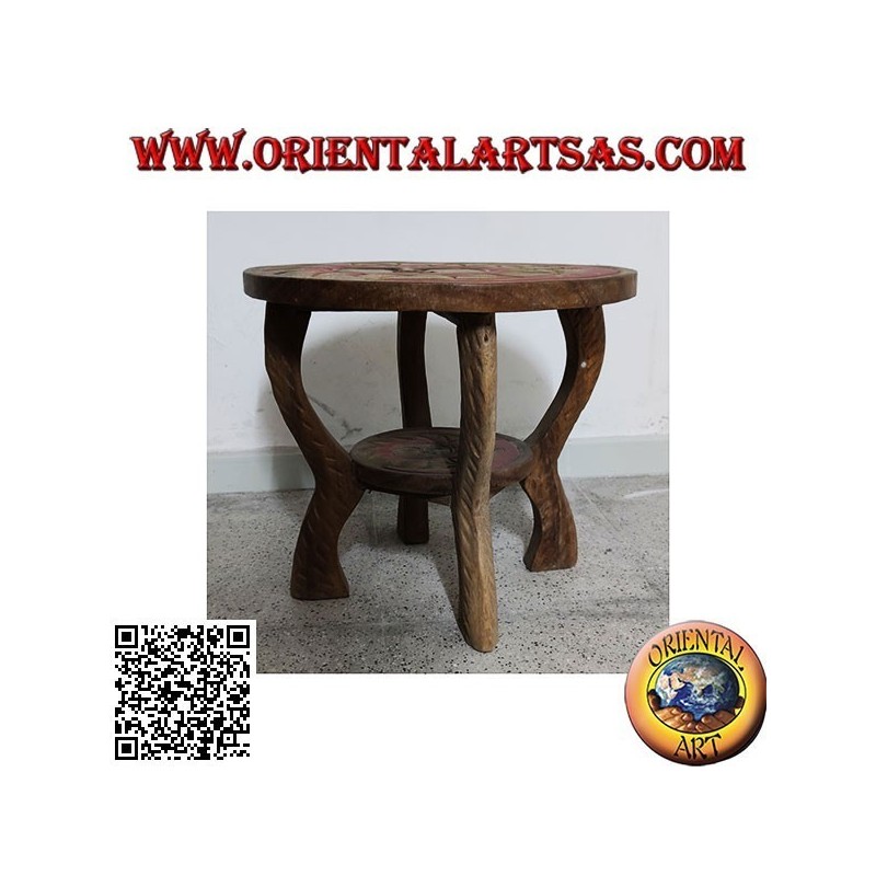 Low round coffee table in suar wood with hand painted engraved sun