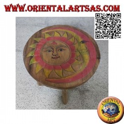 Low round coffee table in suar wood with hand painted engraved sun