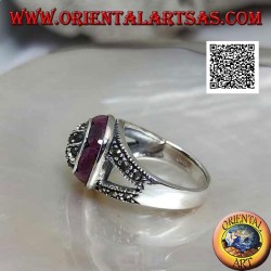 Marcasite-studded dome silver ring and natural oval ruby ring