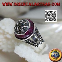 Marcasite-studded dome silver ring and natural oval ruby ring