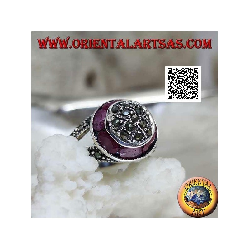 Anillo de plata con cúpula tachonada de marcasita y anillo circular de rubí ovalado natural