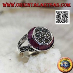 Bague en argent avec dôme en marcassite et bague circulaire en rubis ovale naturel