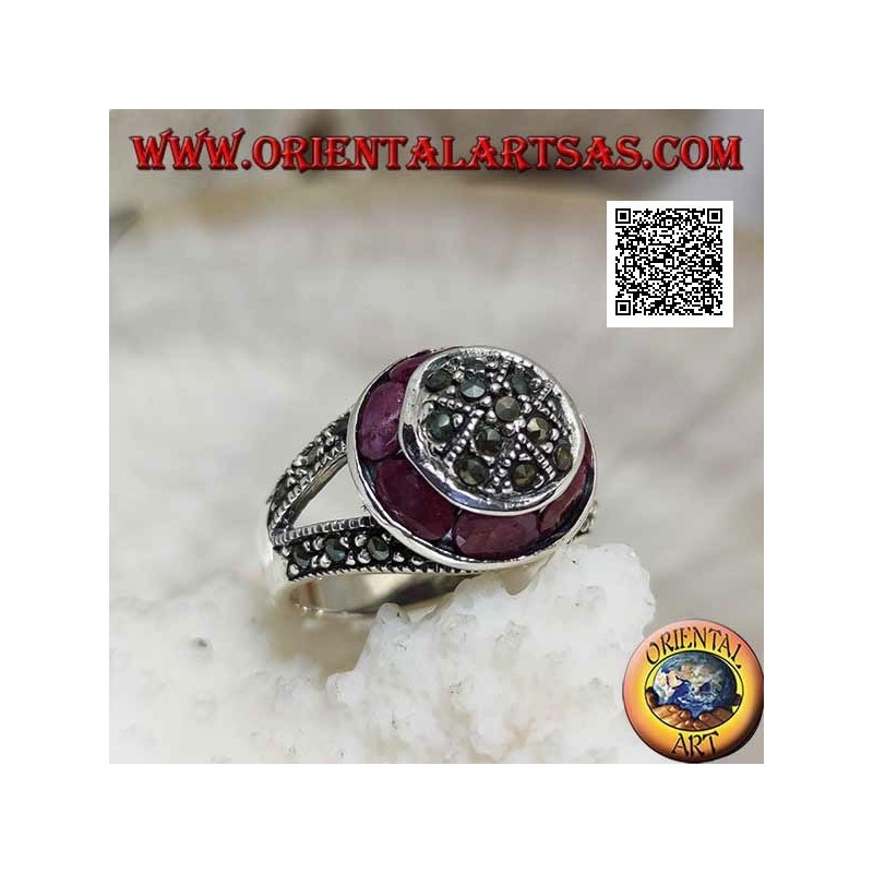Bague en argent avec dôme en marcassite et bague circulaire en rubis ovale naturel