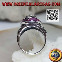 Marcasite-studded dome silver ring and natural oval ruby ring
