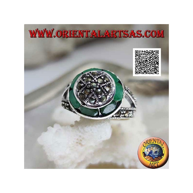 Marcasite-studded dome silver ring and natural oval emerald circular ring