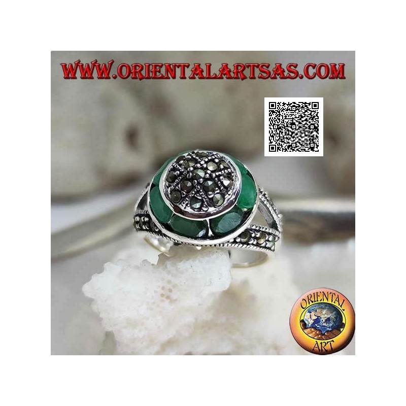 Marcasite-studded dome silver ring and natural oval emerald circular ring