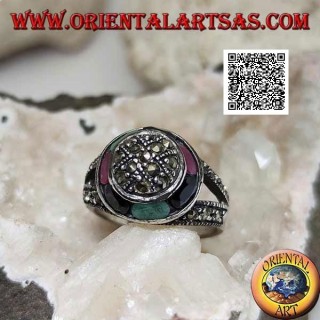 Marcasite-studded dome silver ring and natural oval emeralds, rubies and sapphires circular ring