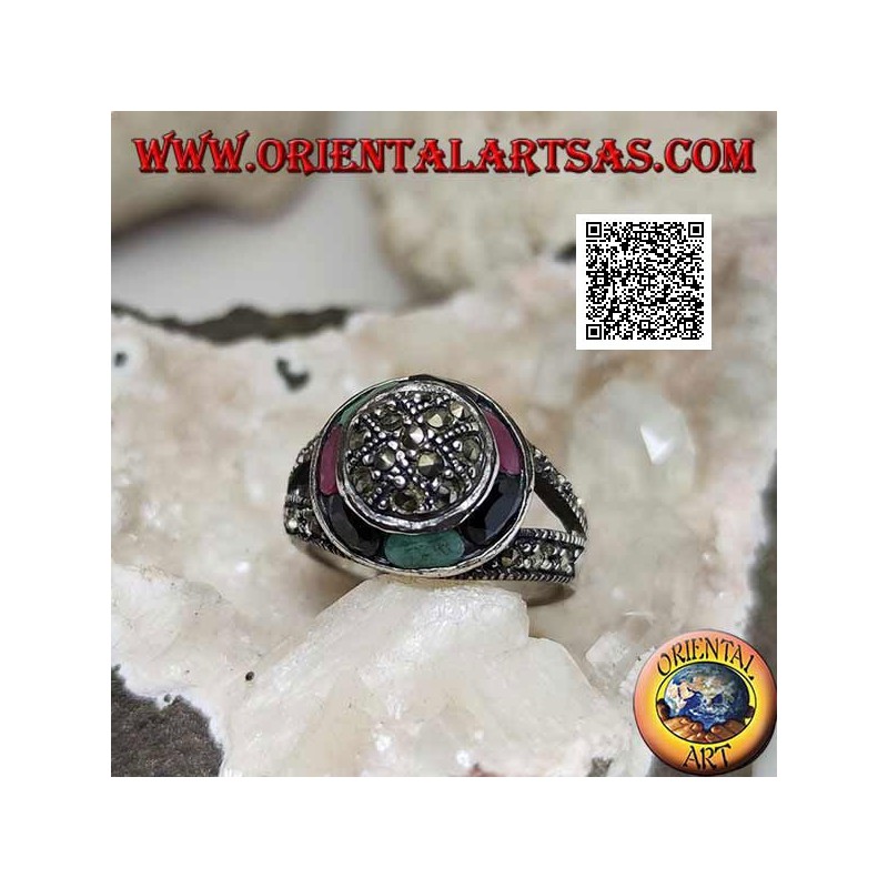 Marcasite-studded dome silver ring and natural oval emeralds, rubies and sapphires circular ring