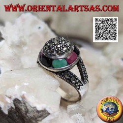Anillo de plata con cúpula de marcasita y anillo de esmeralda ovalada natural, rubí y zafiro