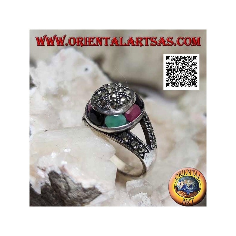 Anillo de plata con cúpula de marcasita y anillo de esmeralda ovalada natural, rubí y zafiro