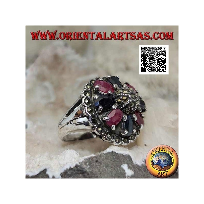 Anillo de plata con rubíes ovalados naturales y zafiros engastados con maracsita central en la cúpula y alrededor