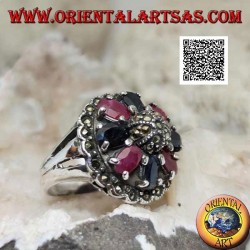 Bague en argent avec rubis et saphirs ovales naturels sertis d'un maracsite central sur le dôme et autour