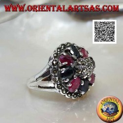 Bague en argent avec rubis et saphirs ovales naturels sertis d'un maracsite central sur le dôme et autour