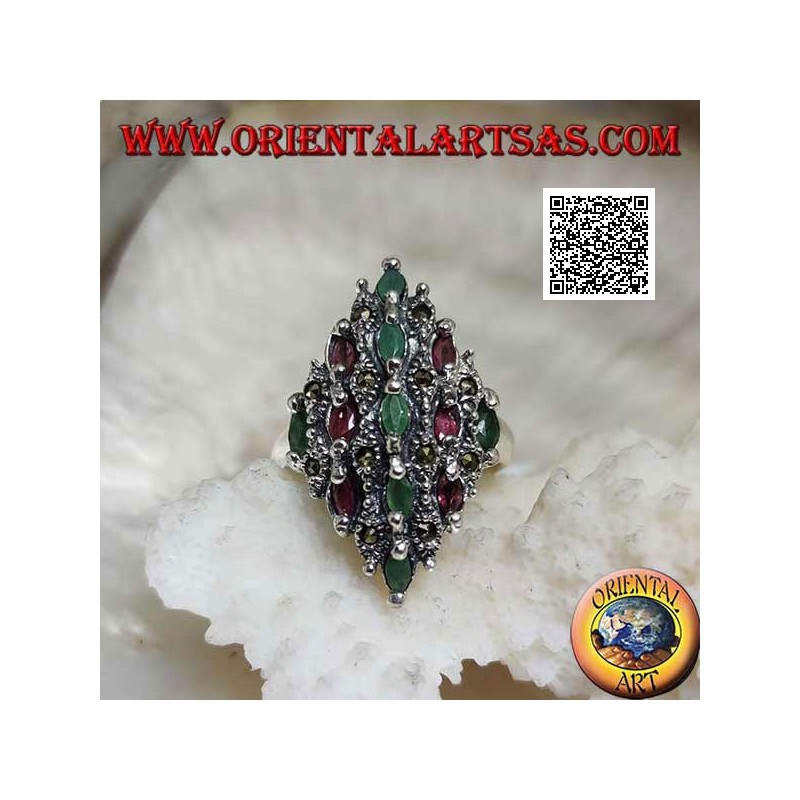 Silver diamond ring studded with natural oval tiered rubies and emeralds and marcasite