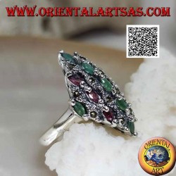Rhombus Silberring besetzt mit natürlichen ovalen gestuften Rubinen und Smaragden und Markasit