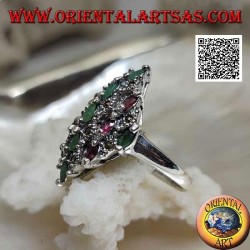 Bague diamant en argent sertie de rubis et d'émeraudes et de marcassite ovales