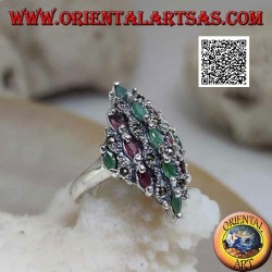 Bague diamant en argent sertie de rubis et d'émeraudes et de marcassite ovales