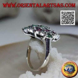 Bague diamant en argent sertie de rubis et d'émeraudes et de marcassite ovales