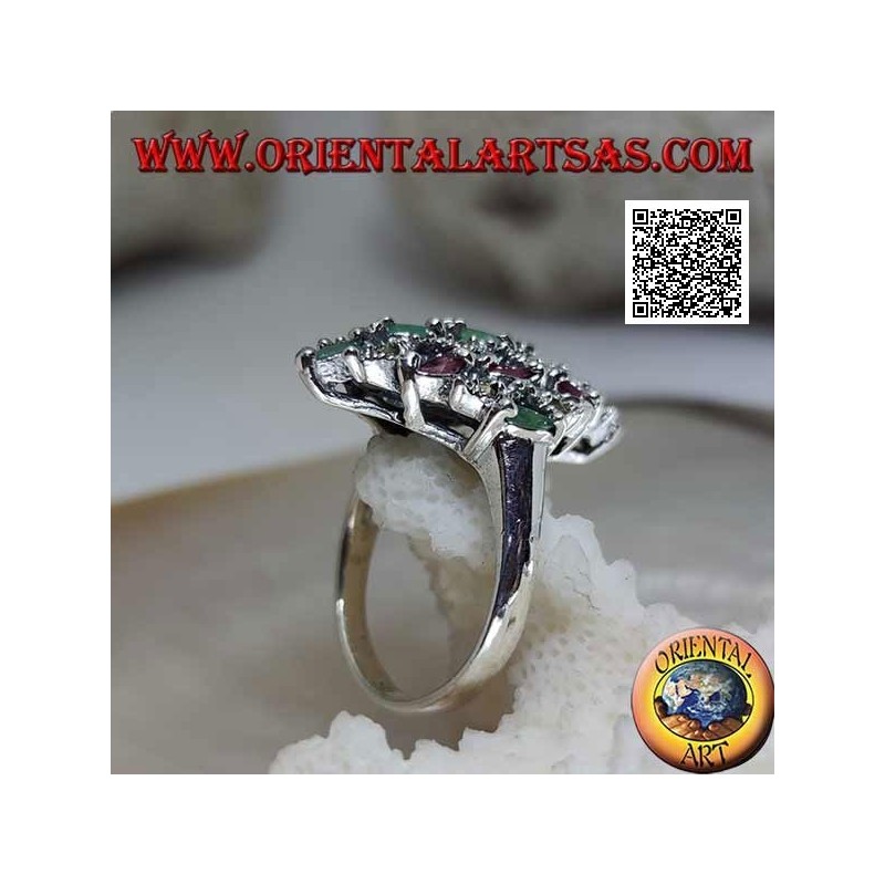 Anillo de plata rombo tachonado de rubíes y esmeraldas naturales escalonadas ovaladas y marcasita