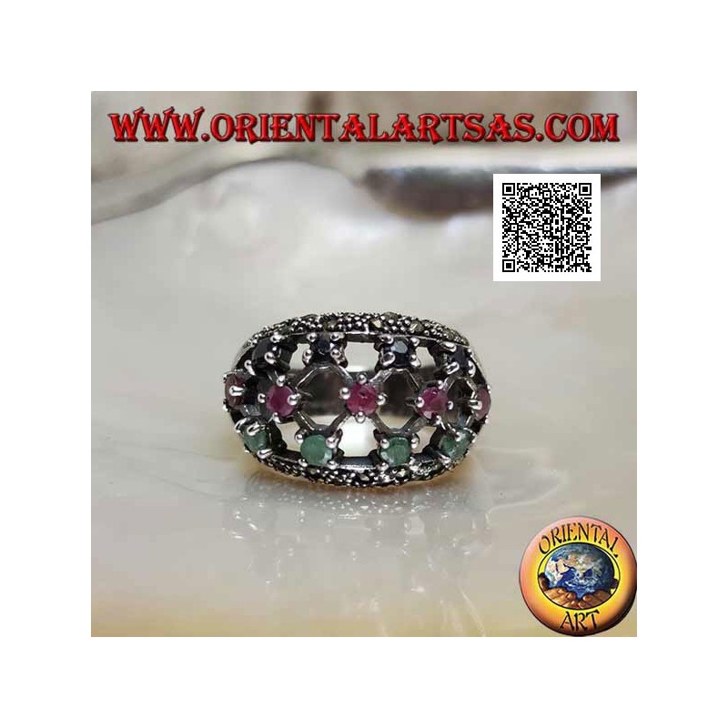 Silver band ring with rubies, emeralds and round sapphires set on perforated canvas and marcasite