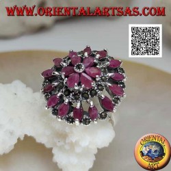 Silver ring in the shape of a large rose window with natural shuttle rubies and marcasite alternating in circles