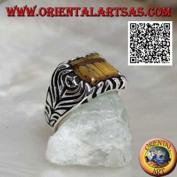 Silver ring with square tiger eye and flower engraved on the sides