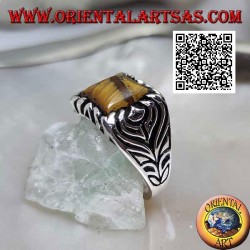 Silver ring with square tiger eye and flower engraved on the sides