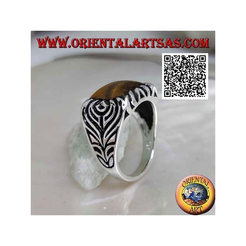 Silberring mit quadratischem Tigerauge und Blume an den Seiten eingraviert
