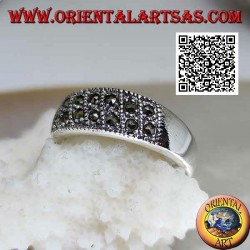 Silver band ring with rows of two oblique marcasites on the front