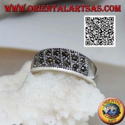 Silver band ring with rows of two oblique marcasites on the front