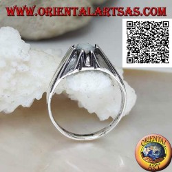 Silver ring with mother of pearl hemisphere set on a volcano protruding mount