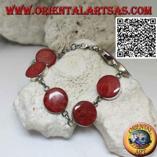 Silver bracelet with 7 round red madrepores (coral) separated by chain rings