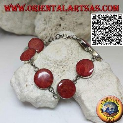Bracciale in argento con 7 madrepore rosse (corallo) tonde separate da anelli di catenina 