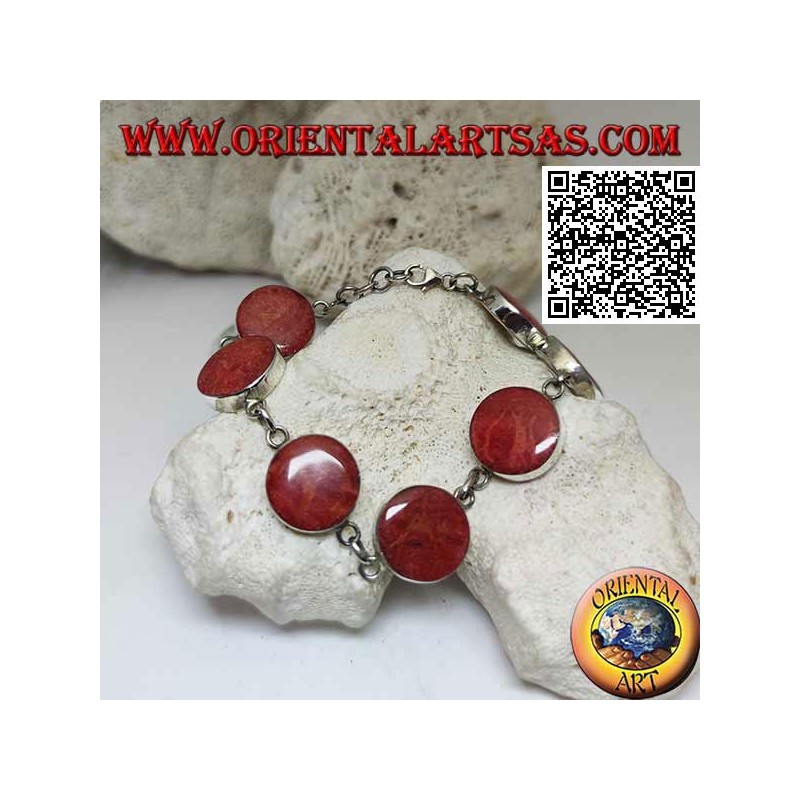 Silver bracelet with 7 round red madrepores (coral) separated by chain rings