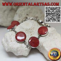 Silberarmband mit 7 runden roten Madrepores (Korallen), die durch Kettenblätter getrennt sind