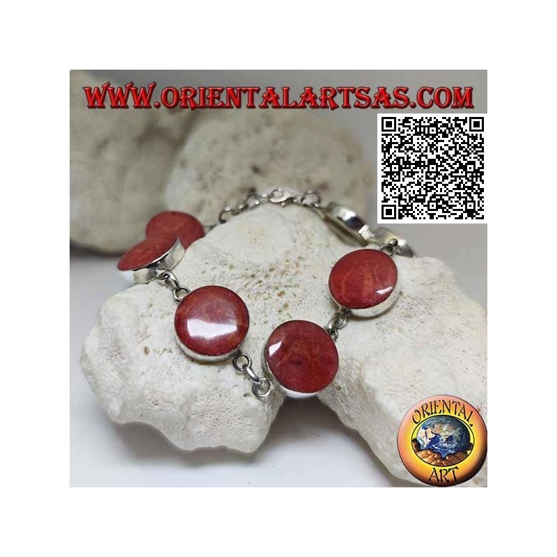 Bracciale in argento con 7 madrepore rosse (corallo) tonde separate da anelli di catenina