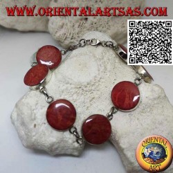 Silberarmband mit 7 runden roten Madrepores (Korallen), die durch Kettenblätter getrennt sind
