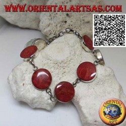 Pulsera de plata con 7 madréporas rojas redondas (coral) separadas por anillos de cadena
