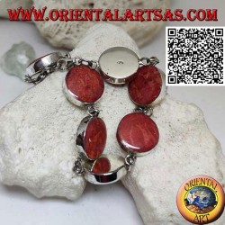 Pulsera de plata con 7 madréporas rojas redondas (coral) separadas por anillos de cadena