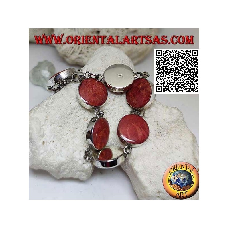 Pulsera de plata con 7 madréporas rojas redondas (coral) separadas por anillos de cadena