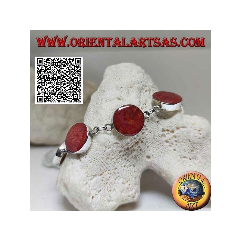 Silver bracelet with 7 round red madrepores (coral) separated by chain rings