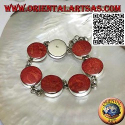 Silver bracelet with 7 round red madrepores (coral) separated by chain rings