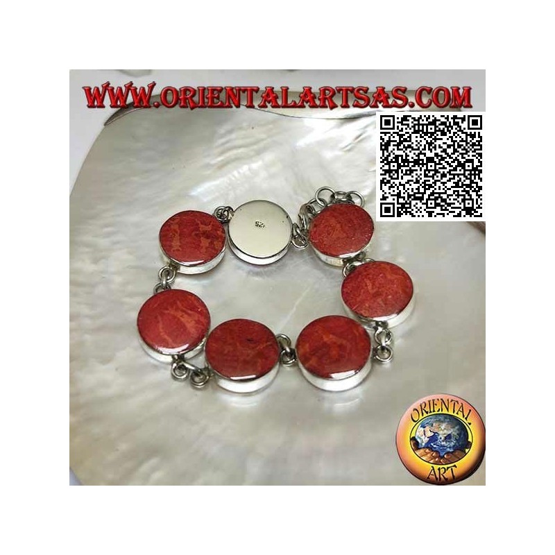 Bracciale in argento con 7 madrepore rosse (corallo) tonde separate da anelli di catenina