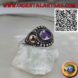 Silver ring with oval amethyst, balls and gold disk sheets