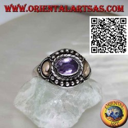Silver ring with oval amethyst, balls and gold disk sheets