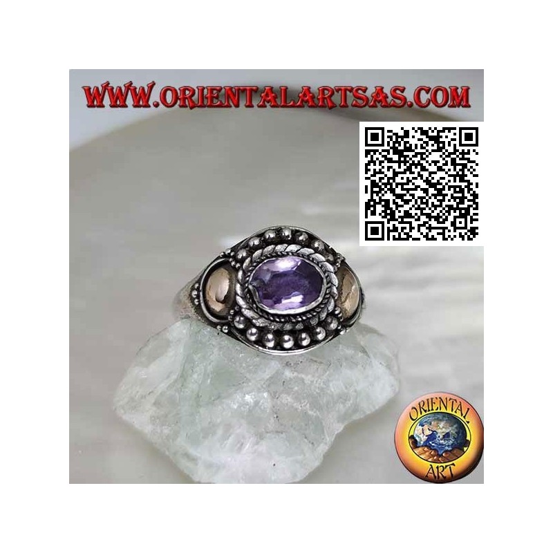 Bague en argent avec améthyste ovale, boules et feuilles de disque d'or
