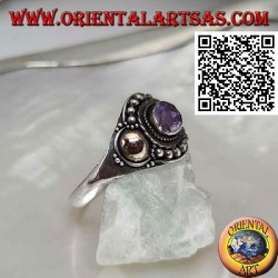 Silver ring with oval amethyst, balls and gold disk sheets