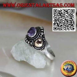 Silver ring with oval amethyst, balls and gold disk sheets