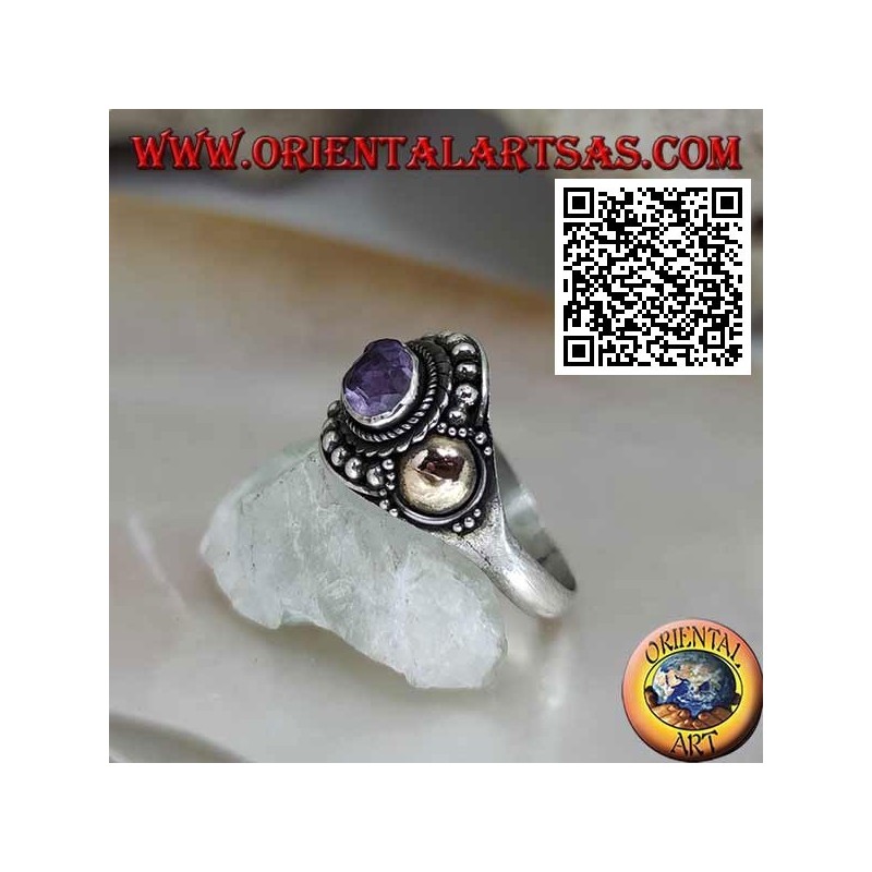 Silver ring with oval amethyst, balls and gold disk sheets