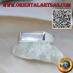Silver ring with horizontal rectangular mother of pearl close to the edge on a smooth setting